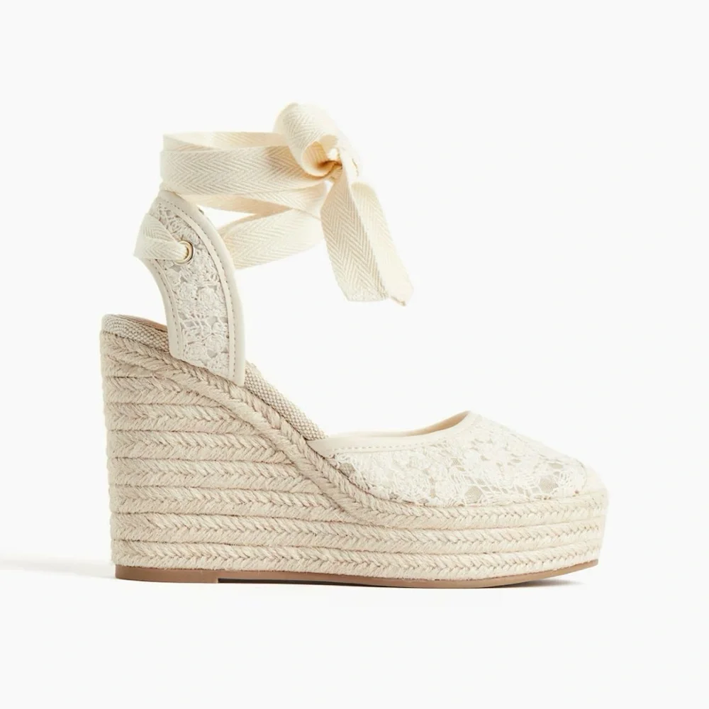 H&M Wedge Espadrille Sandals Ivory Lace Heels Size 11